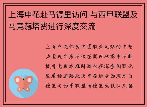 上海申花赴马德里访问 与西甲联盟及马竞赫塔费进行深度交流